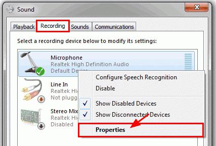 как да настроите микрофон на уеб камера на Windows 7